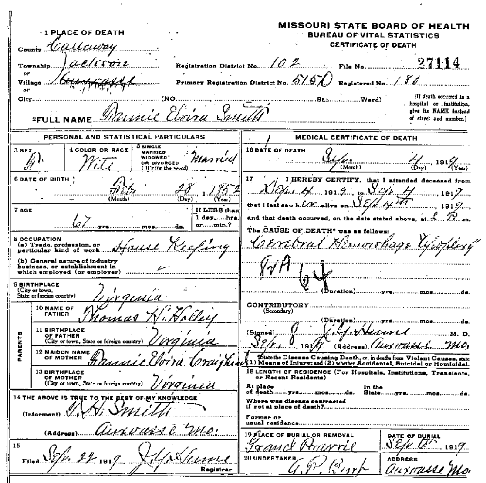 Death Certificate of Smith, Fannie Elvira Halley