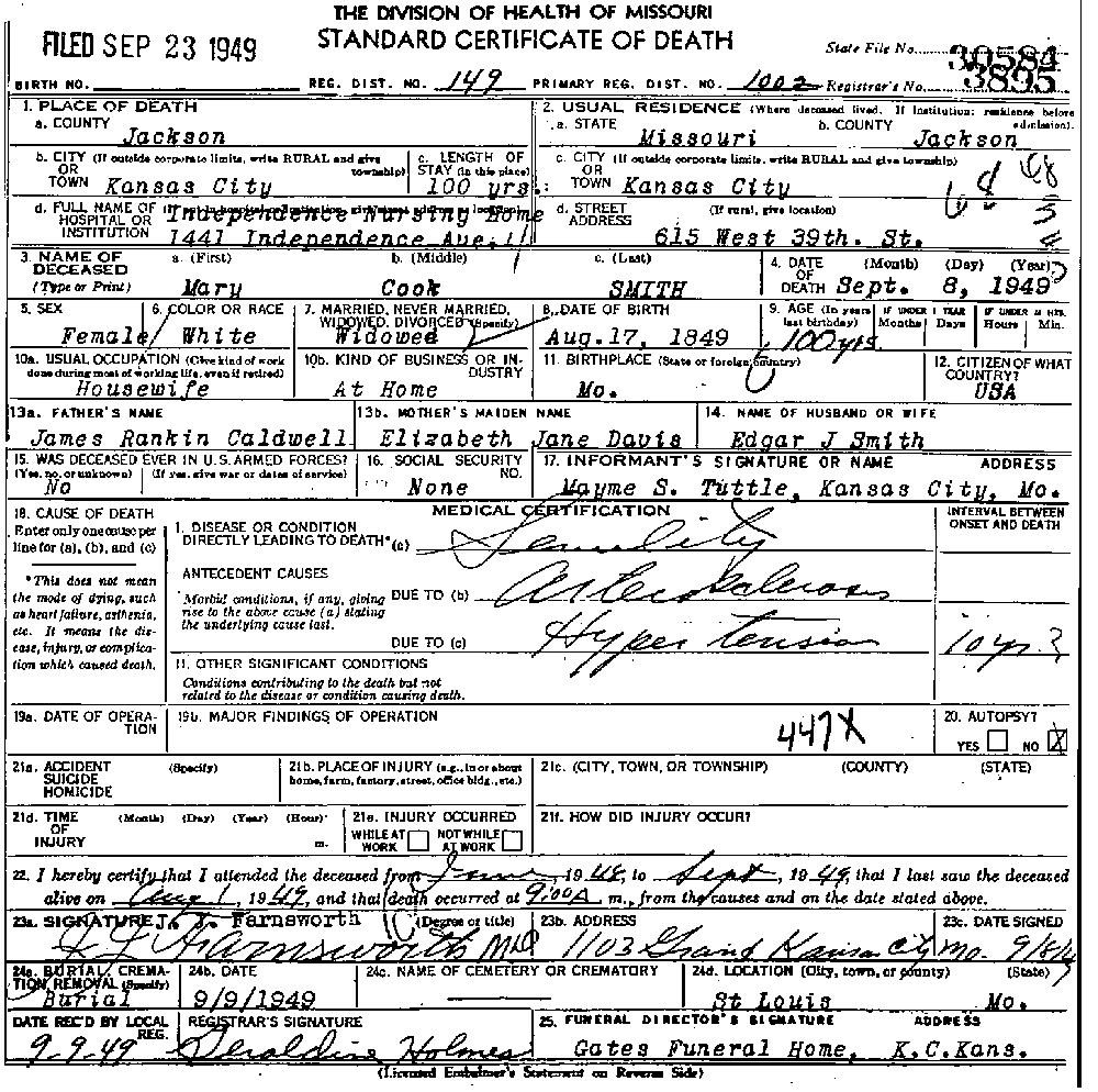 Death Certificate of Smith, Mary Cook Caldwell