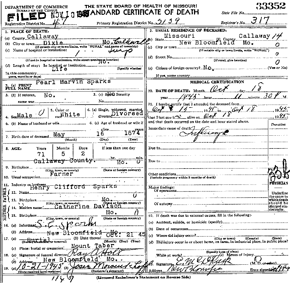 Death Certificate of Sparks, Pearl Marvin