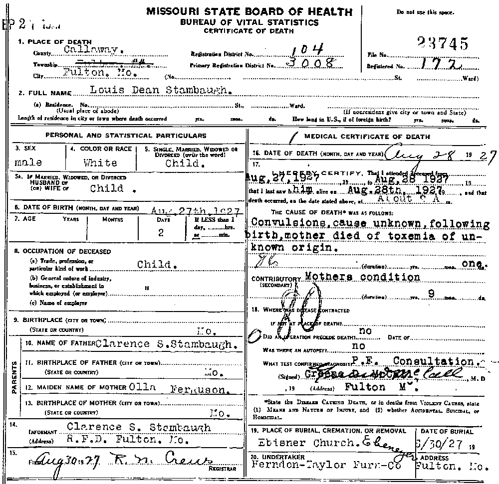 Death Certificate of Stambaugh, Louis Dean