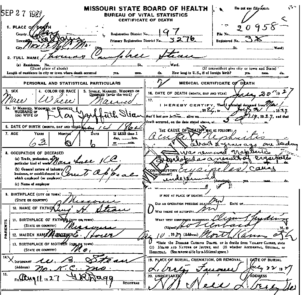 Death Certificate of Stean, Thomas Campbell