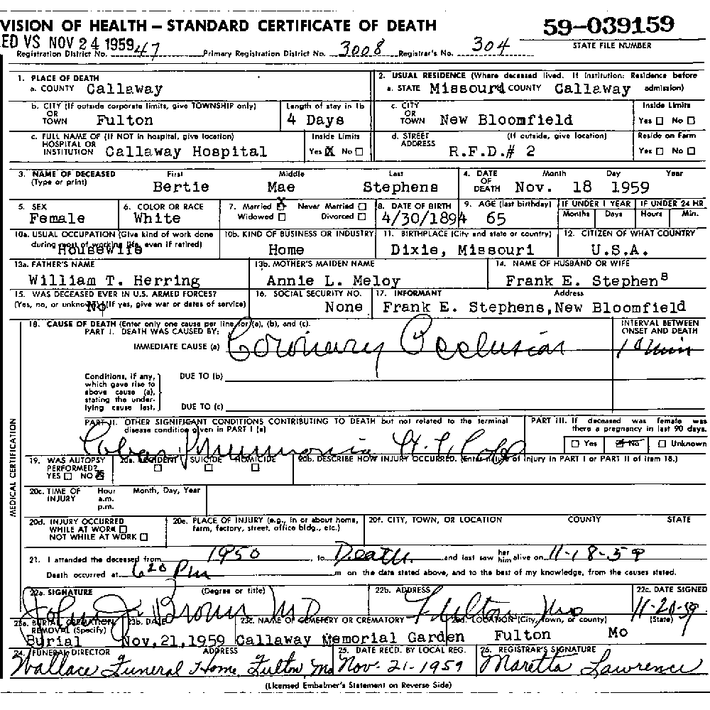 Death Certificate of Stephens, Bertie Mae Herring