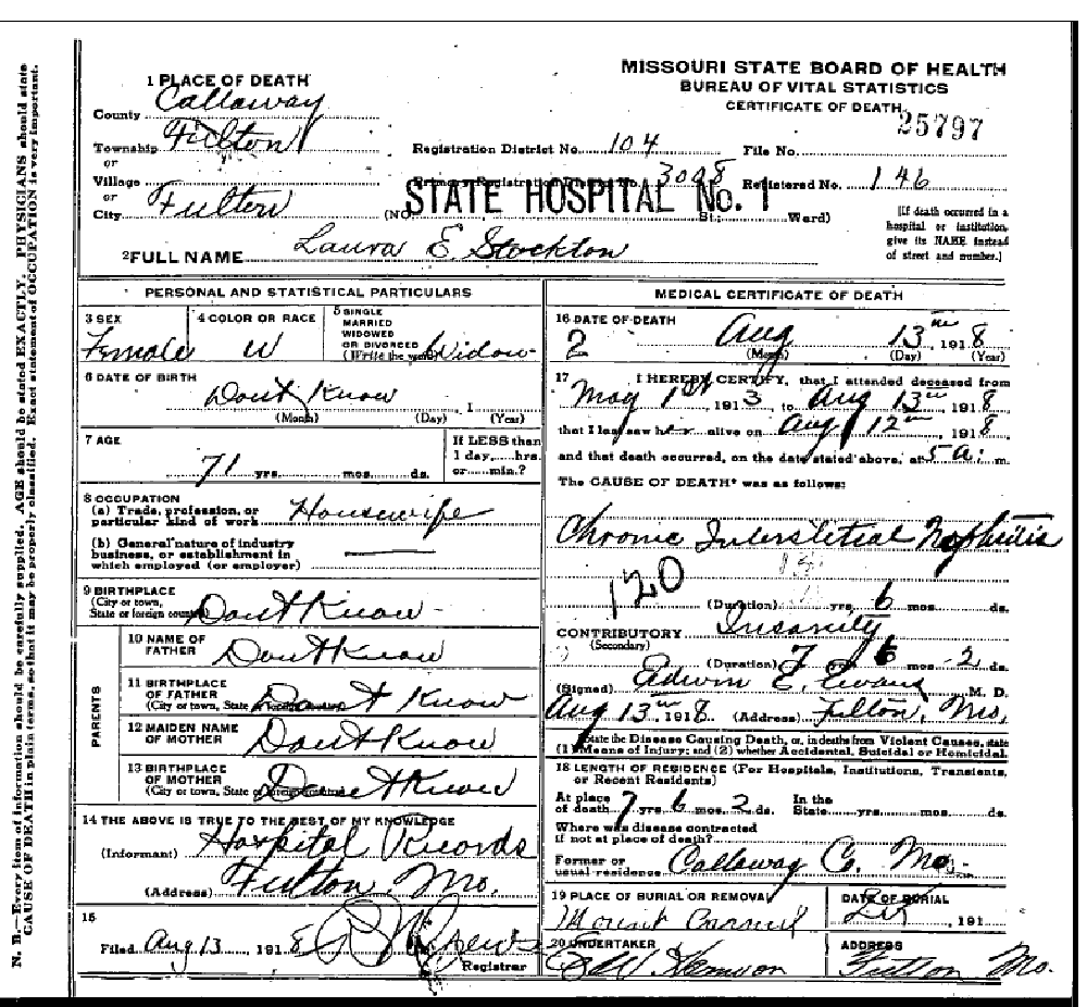 Death certificate of Stockton, Laura E.Turner (Blattenburg)