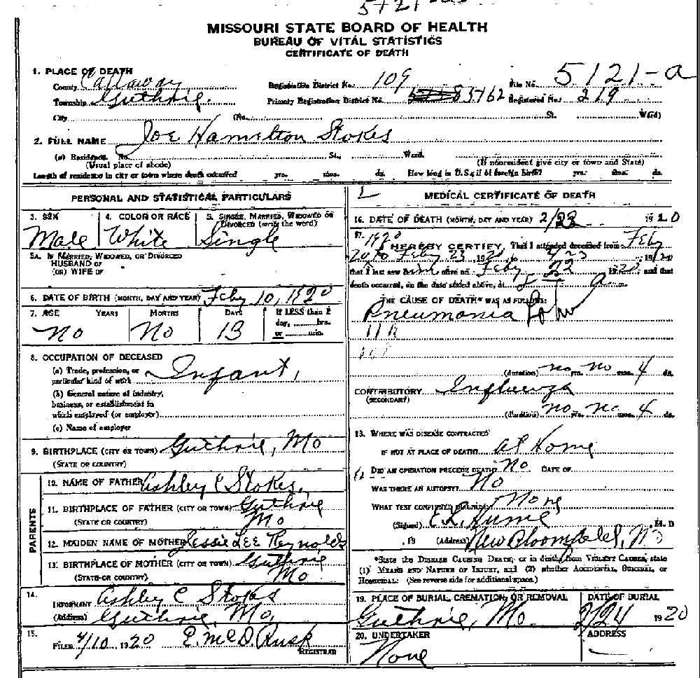 Death Certificate of Stokes, Joe Hamilton