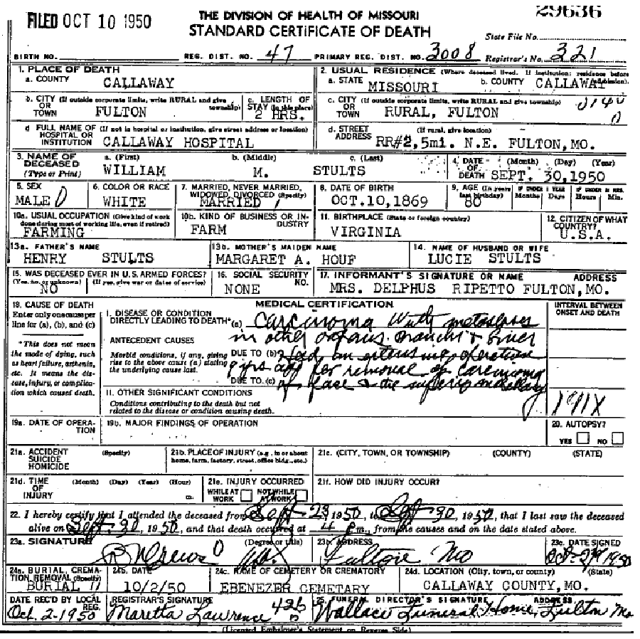 Death Certificate of Stultz, William M.