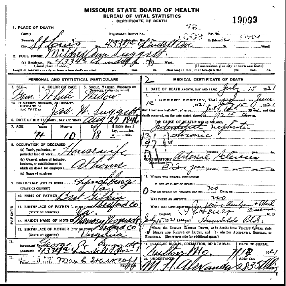 Death certificate of Suggett, Mildred Ann Gilpin