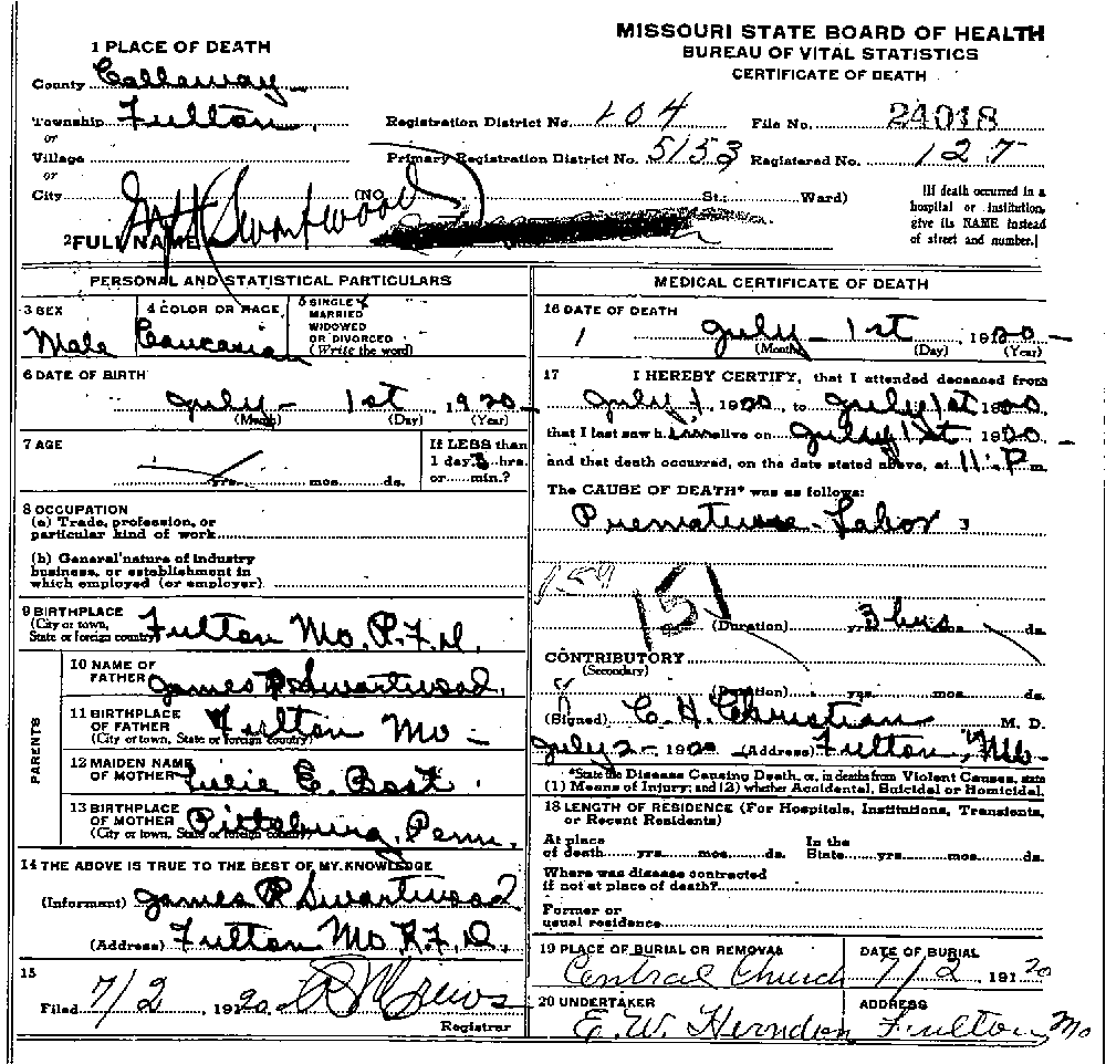 Death Certificate of Swartwood, Infant Son