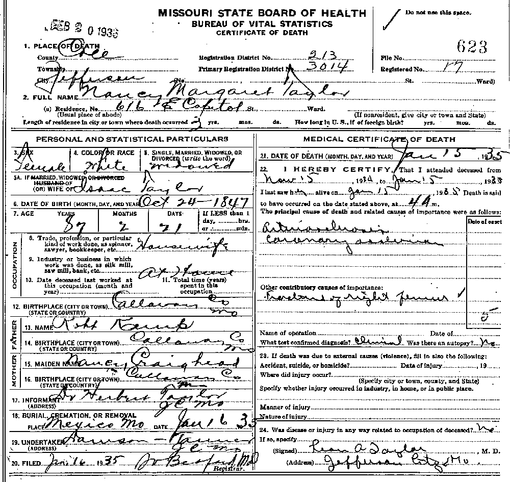 Death Certificate of Taylor, Nancy Margaret Kemp