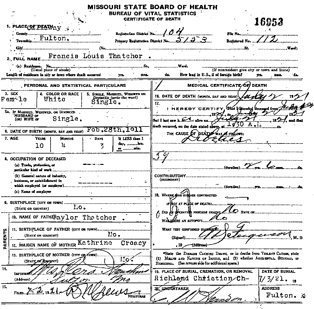 Death Certificate of Thatcher, Francis Louise