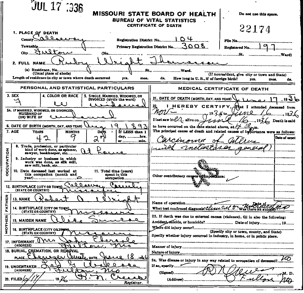Death Certificate of Thomasson, Ruby P. Wright
