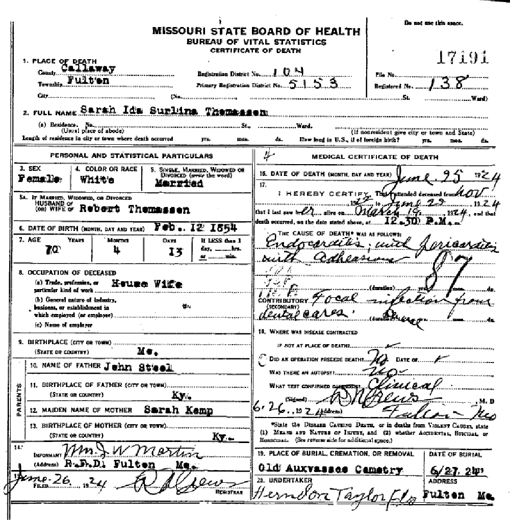 Death certificate of Thomasson, Sarah Ida Surlina Steele