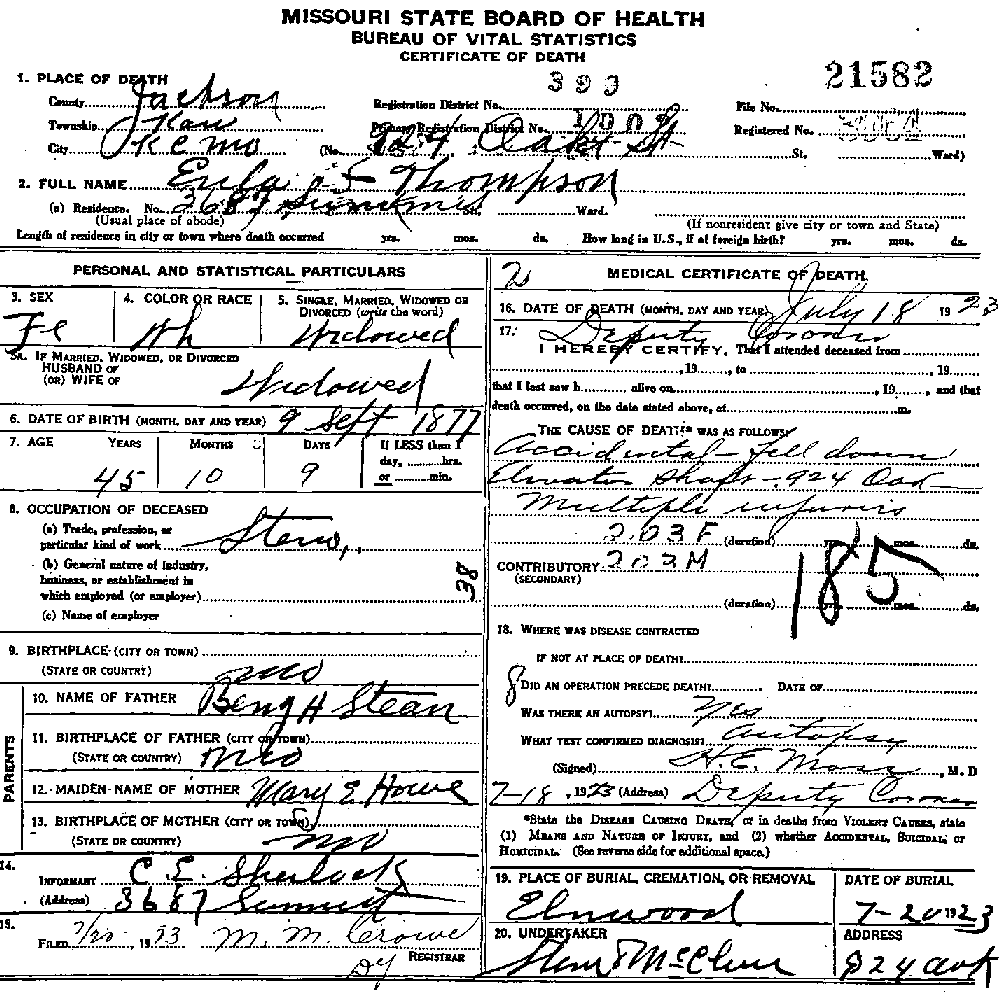 Death Certificate of Stean, Eula
