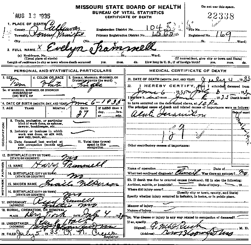 Death Certificate of Trammell, Evelyn