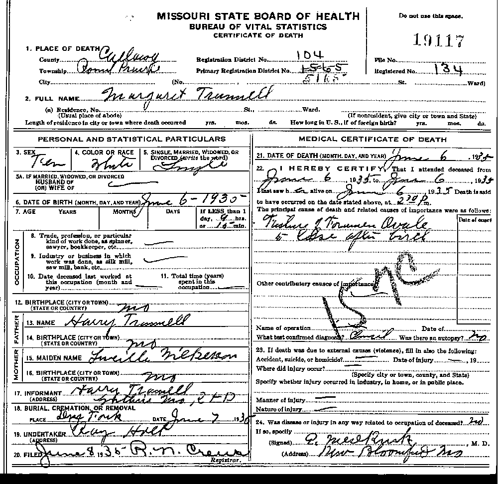 Death Certificate of Trammell, Margaret