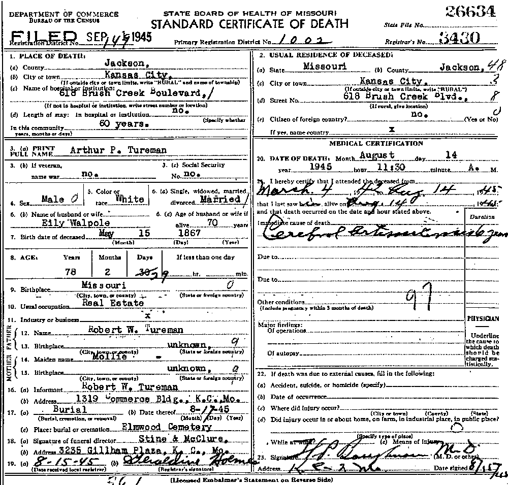 Death Certificate of Tureman, Arthur P.