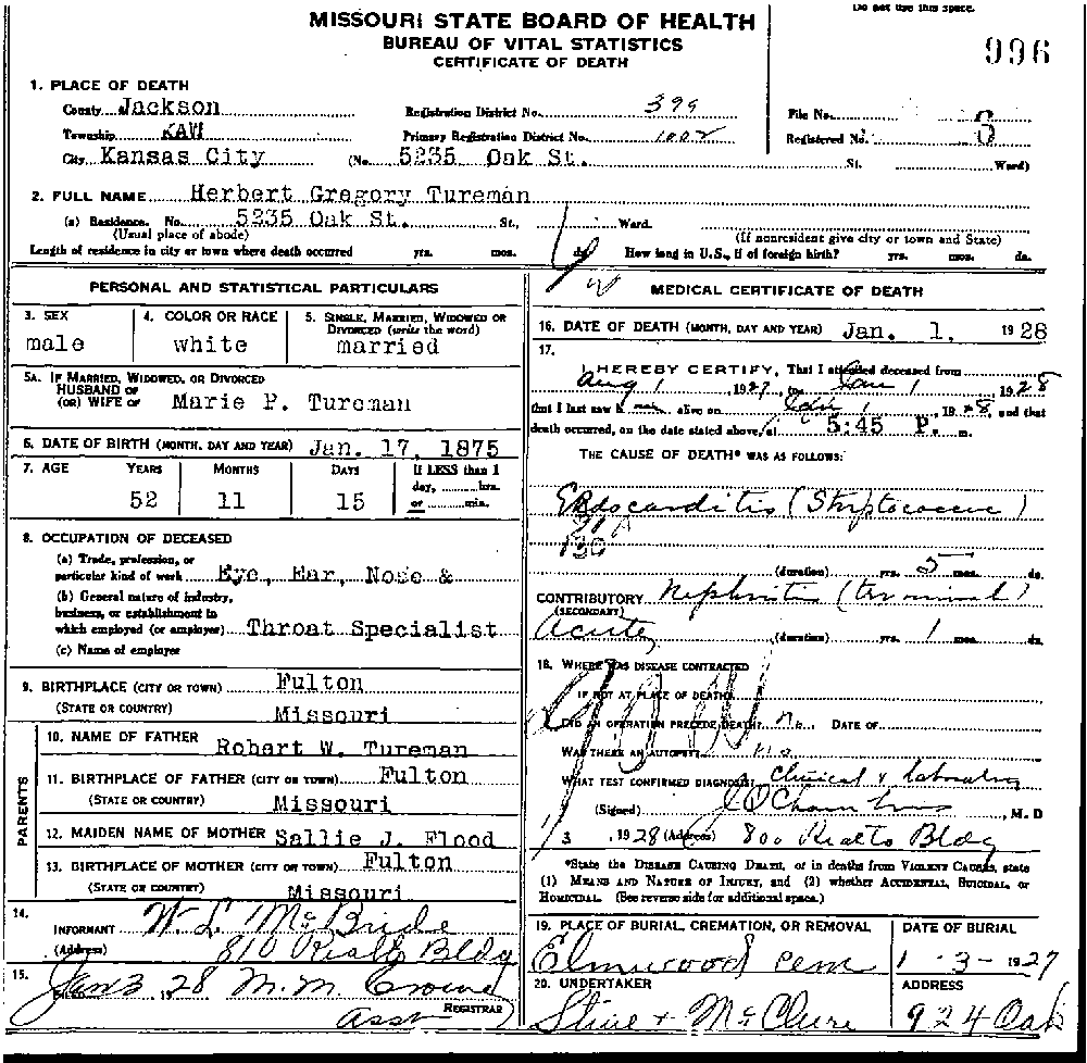 Death Certificate of Tureman, Dr. Herbert Gregory
