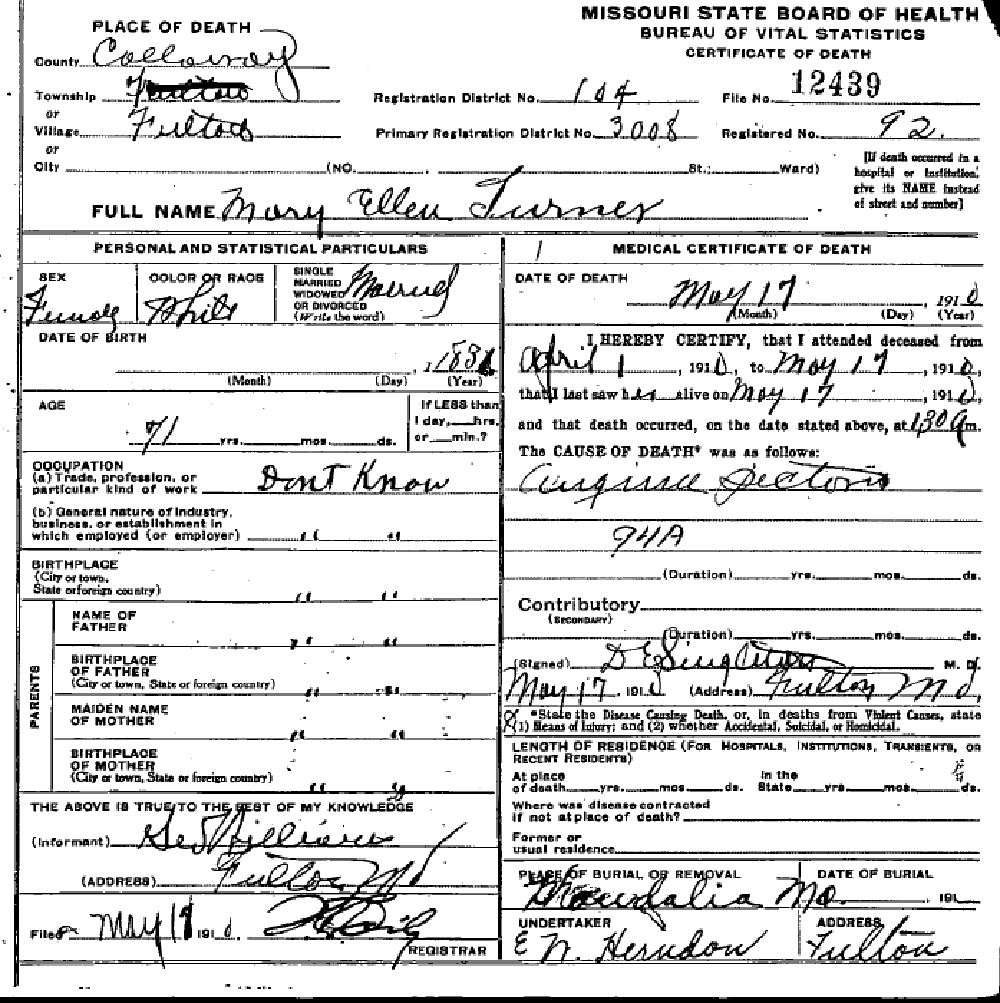 Death certificate of Turner, Mary Ellen Davis