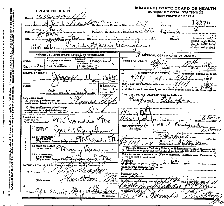 Death certificate of Vaughn, Calla Baynham