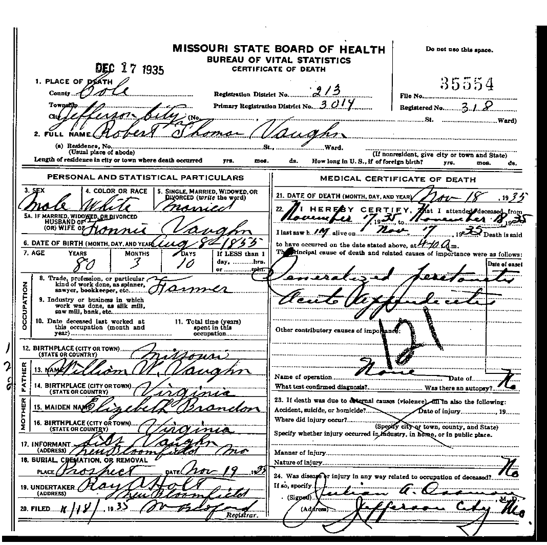 Death Certificate of Vaughn, Robert Thomas