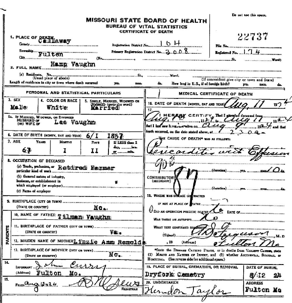 Death certificate of Vaughn, Hampton M.