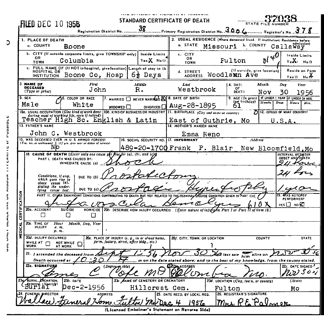 Death Certificate of Westbrook, John Renoe