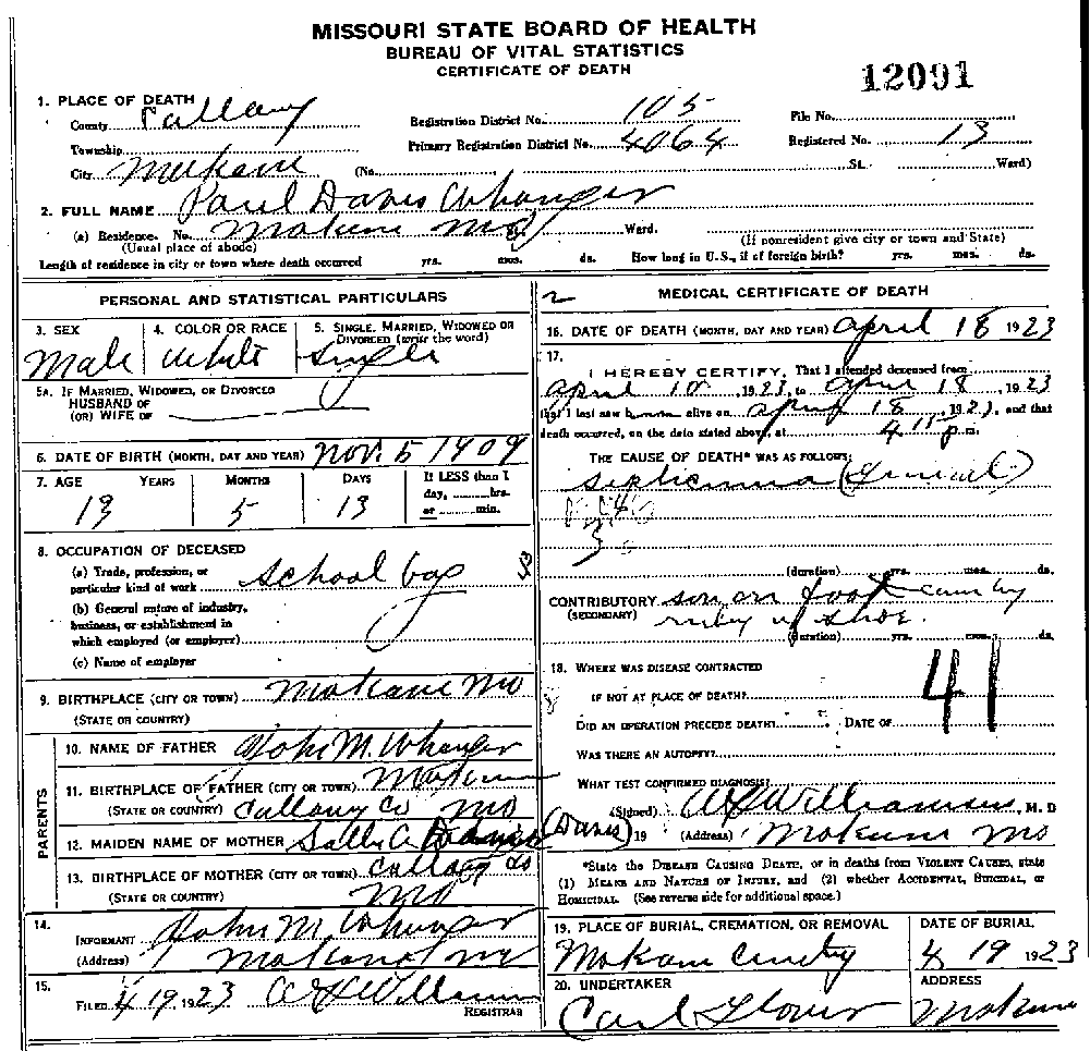 Death Certificate of Whanger, Paul Davis