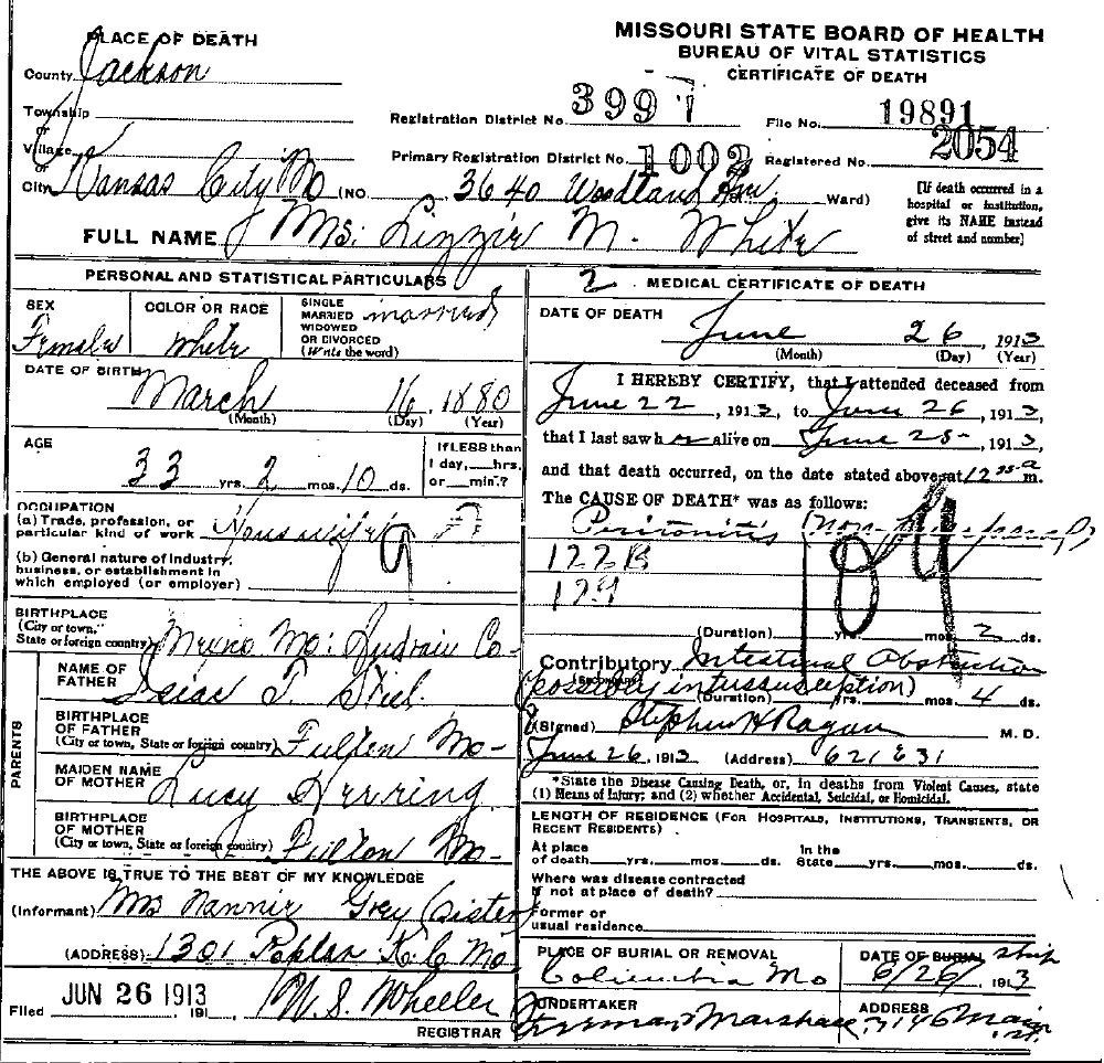 Death Certificate of White, Lizzie M. Steele