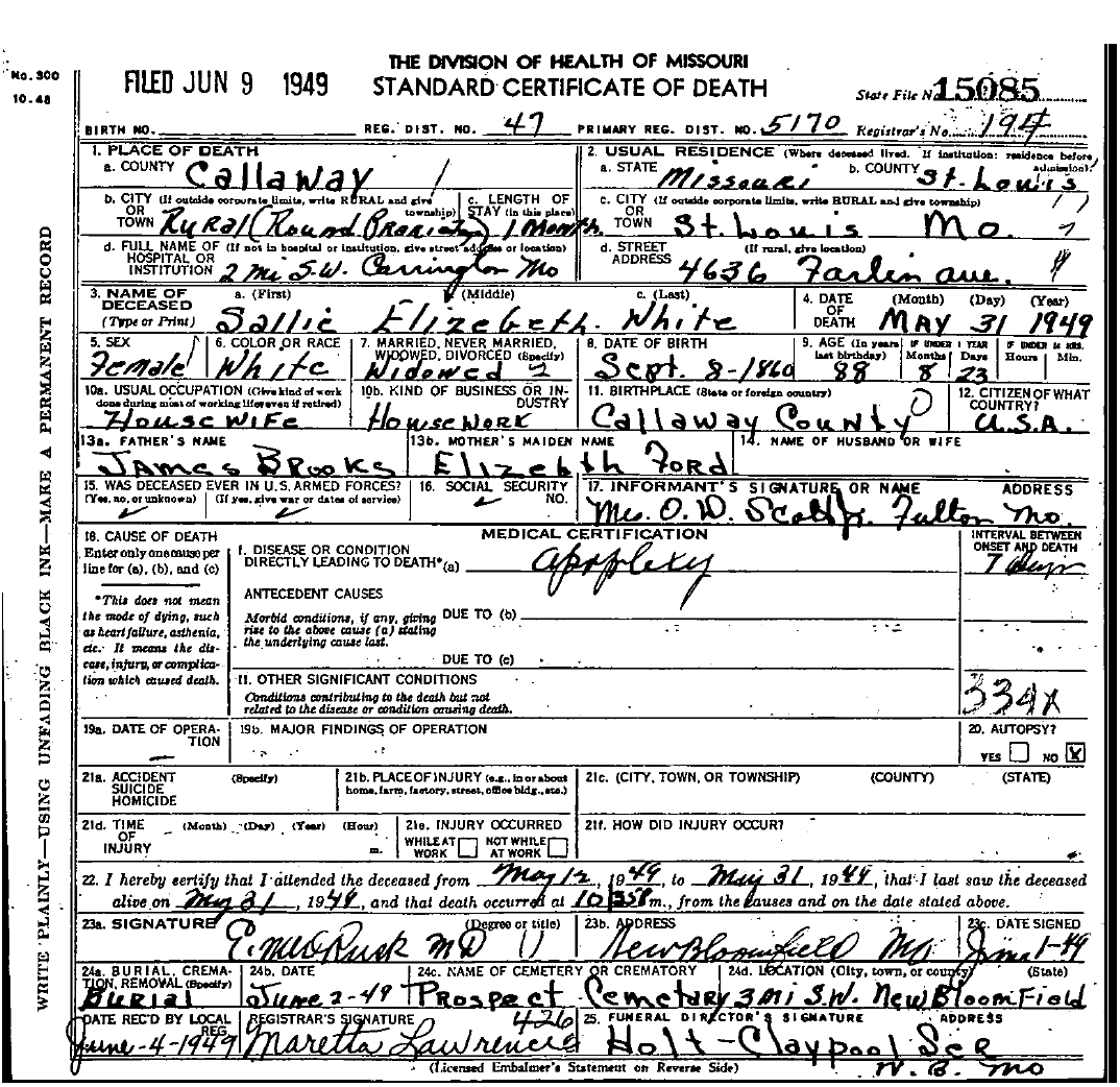 Death Certificate of White, Sallie Elizabeth Brooks
