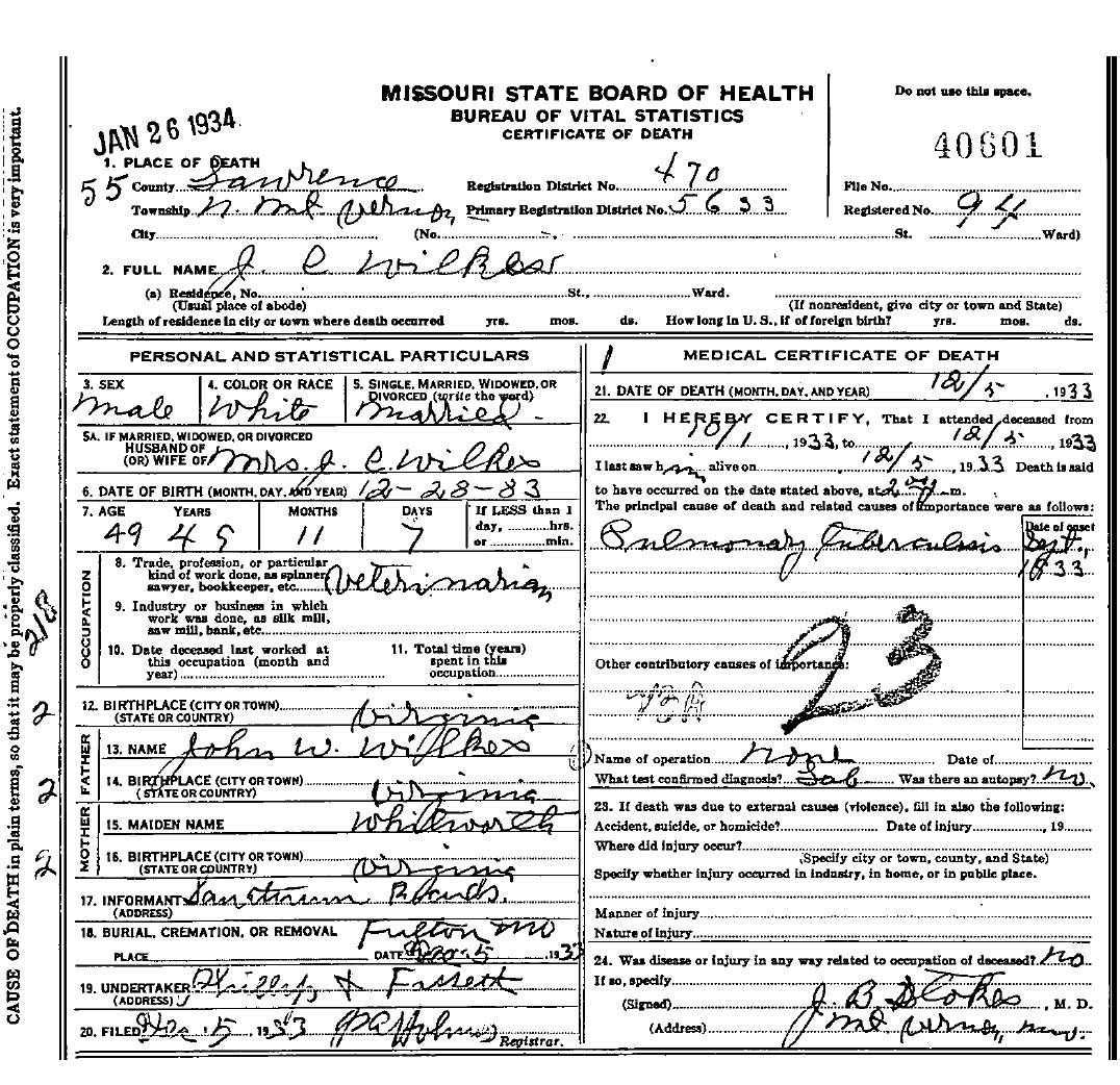 Death Certificate of Wilkes, Jesse Clay