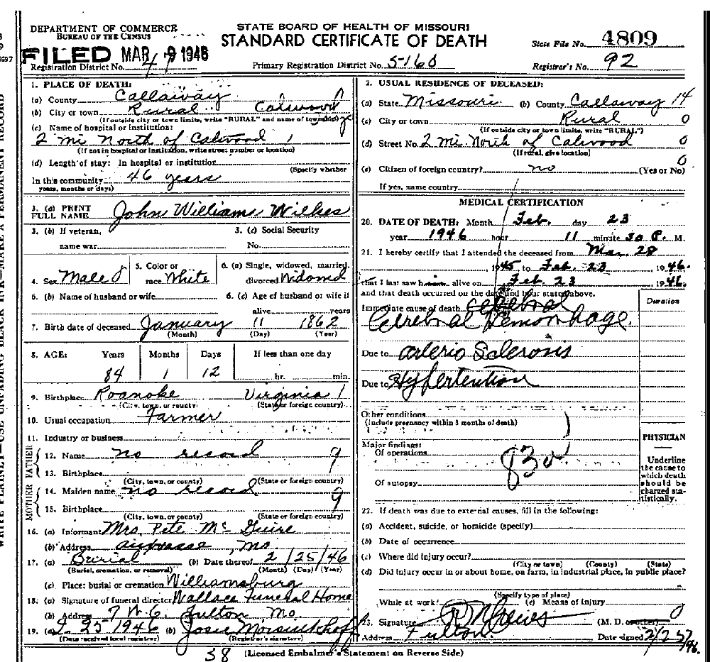 Death Certificate of Wilkes, John William