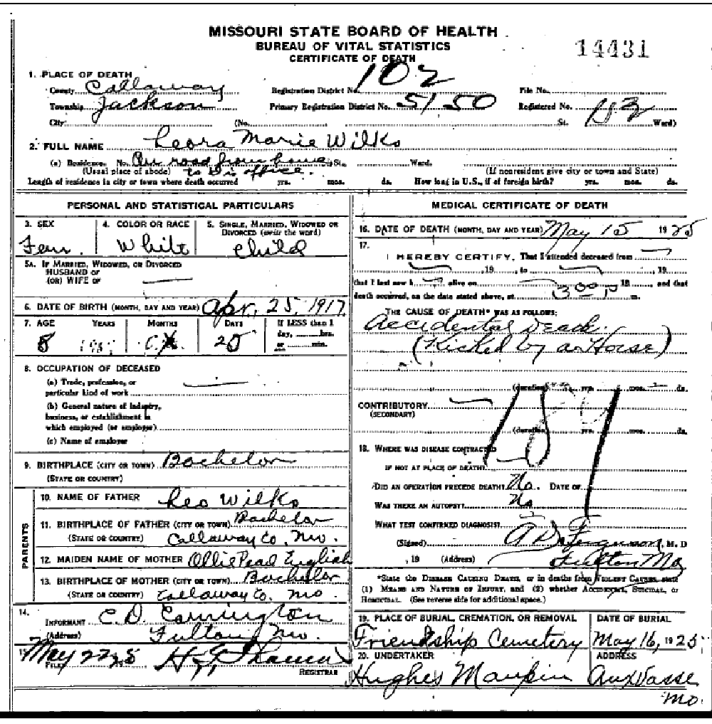 Death certificate of Wilks, Leora Marie