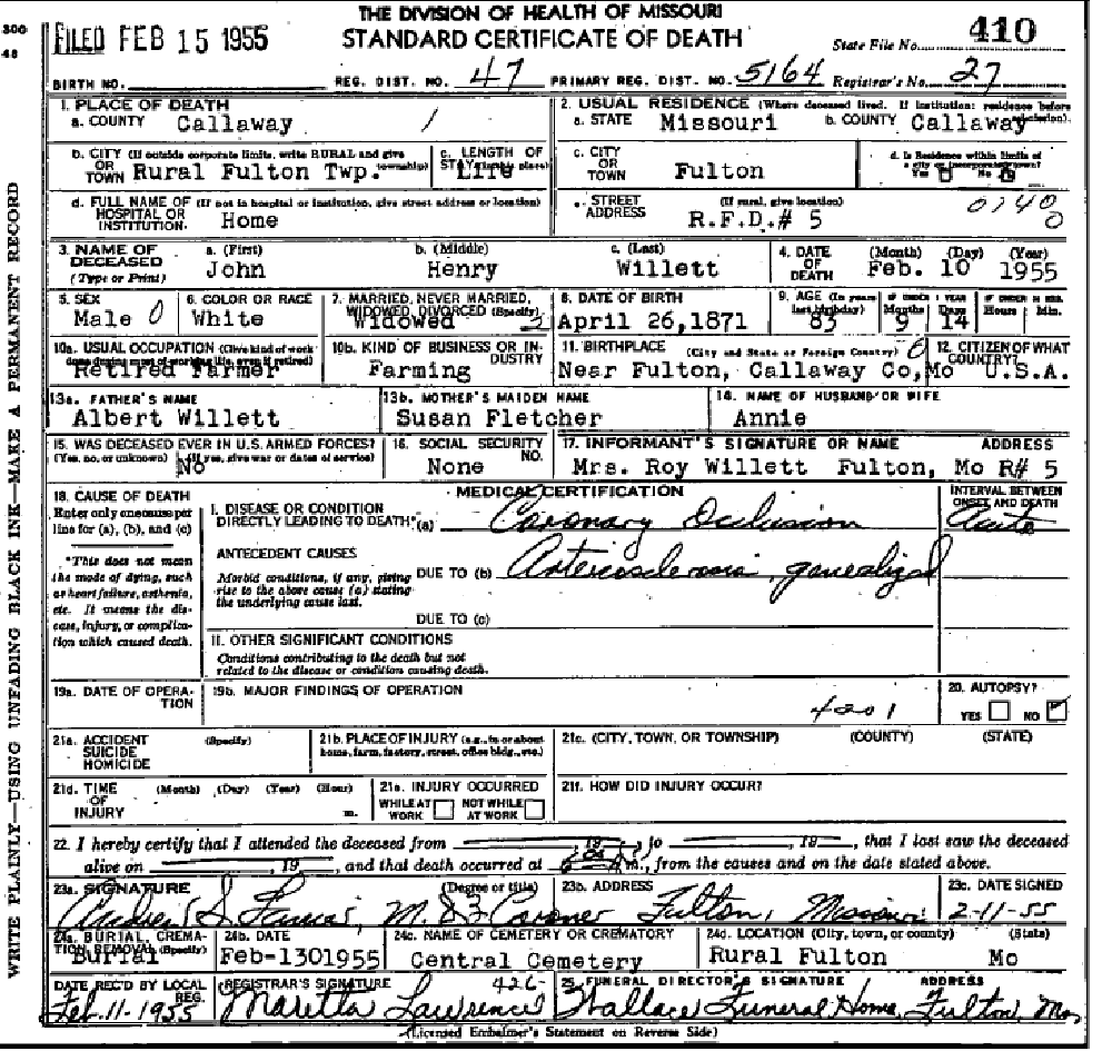 Death certificate of Willett, John Henry