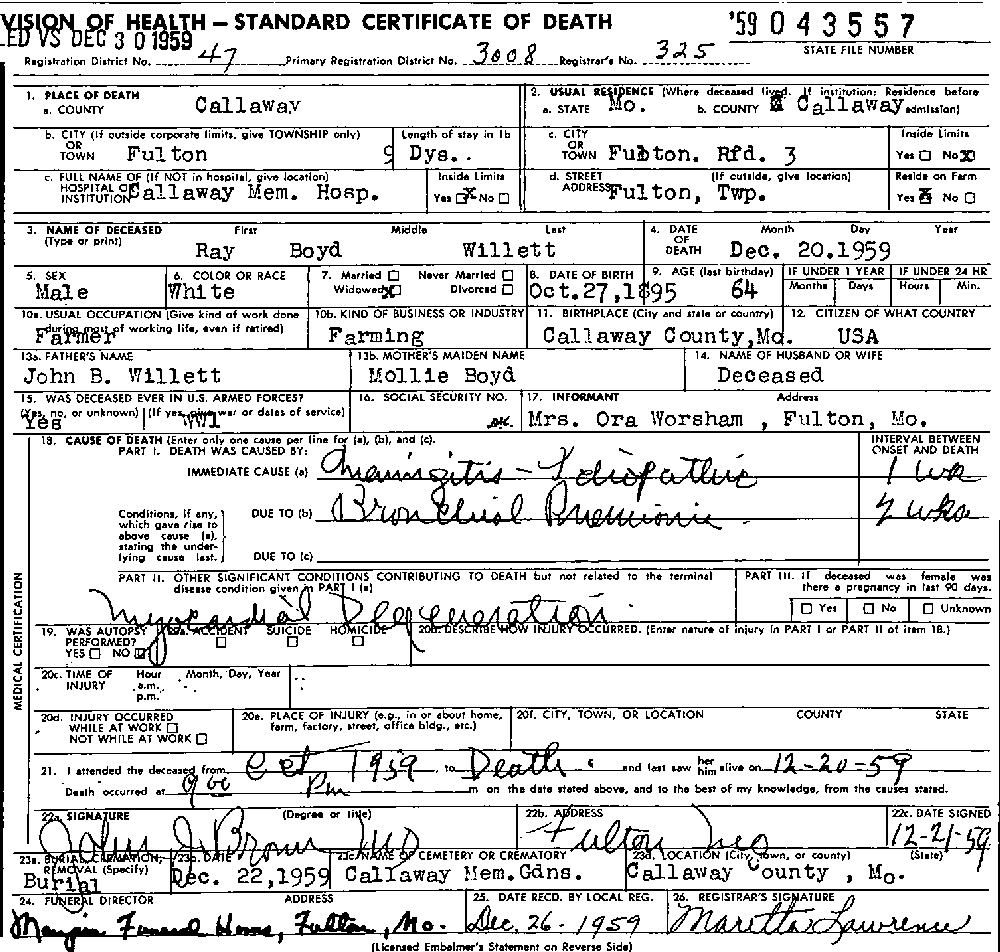 Death Certificate of Willett, Ray Boyd