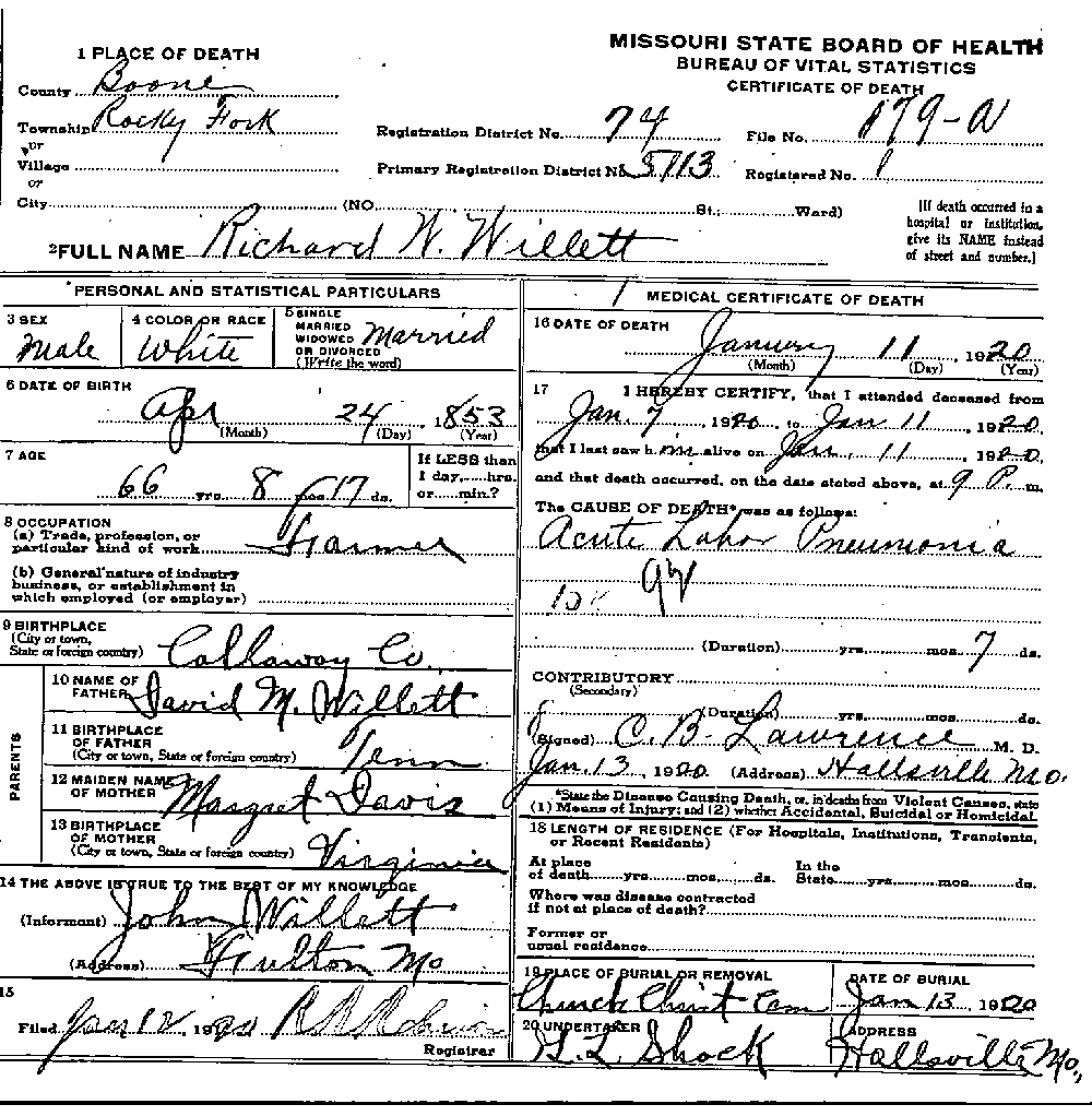 Death certificate of Willett, Richard