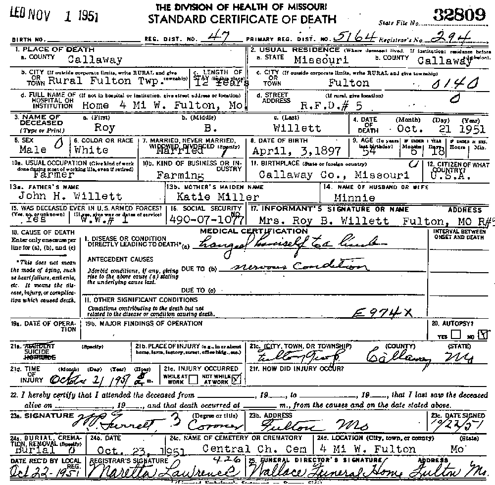 Death certificate of Willett, Roy B.