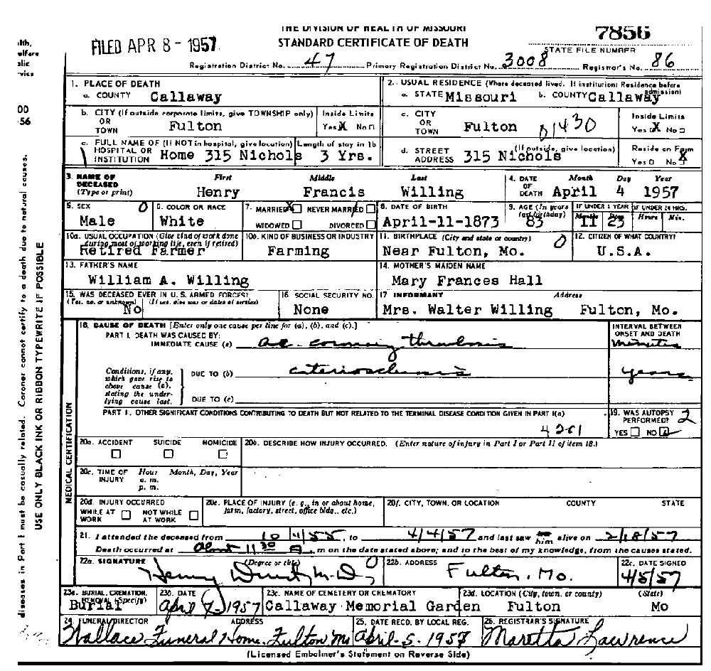 Death Certificate of Willing, Henry Francis