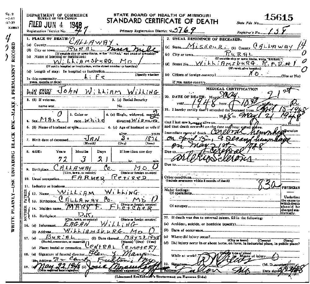 Death Certificate of Willing, John William