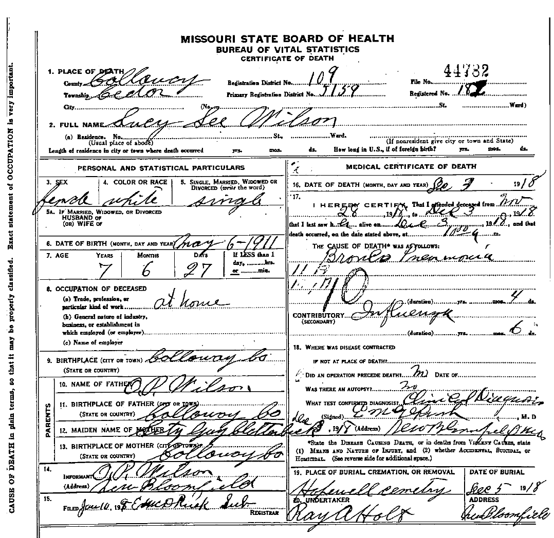 Death Certificate of Wilson, Lucy Lee