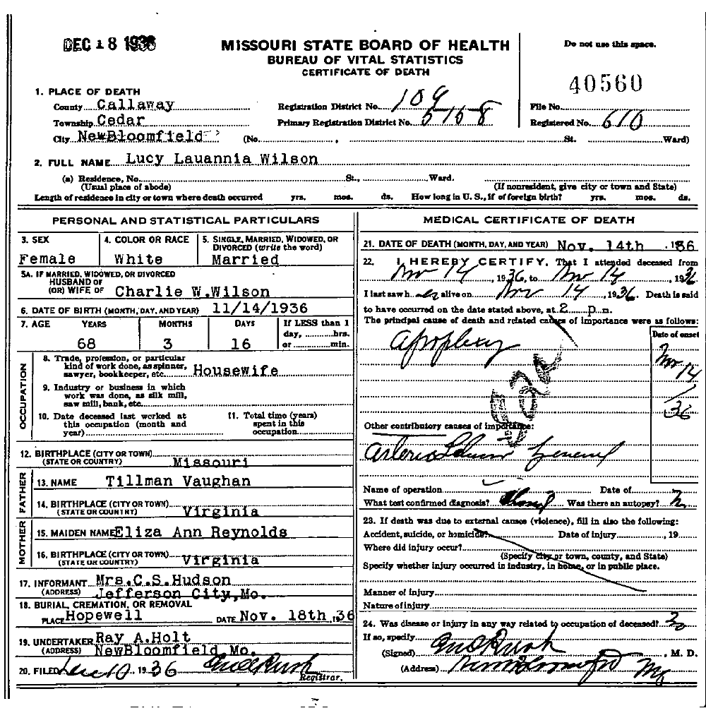 Death Certificate of Wilson, Lucy Lamamia Vaughan