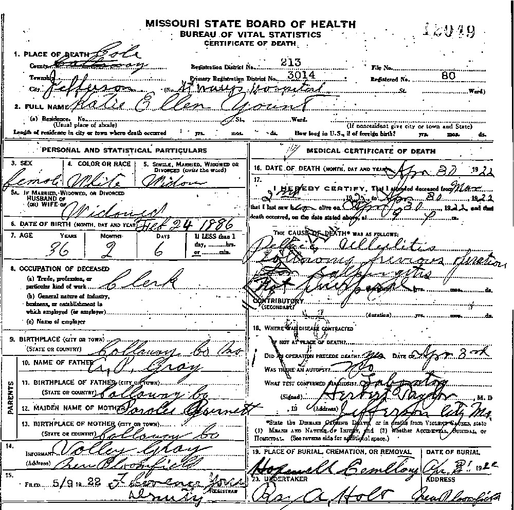 Death Certificate of Yount, Kathryn Ellen Gray
