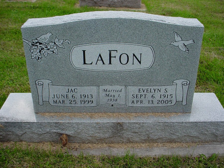  Jac and Evelyn S. Lafon Headstone Photo, Auxvasse Cemetery, Callaway County genealogy