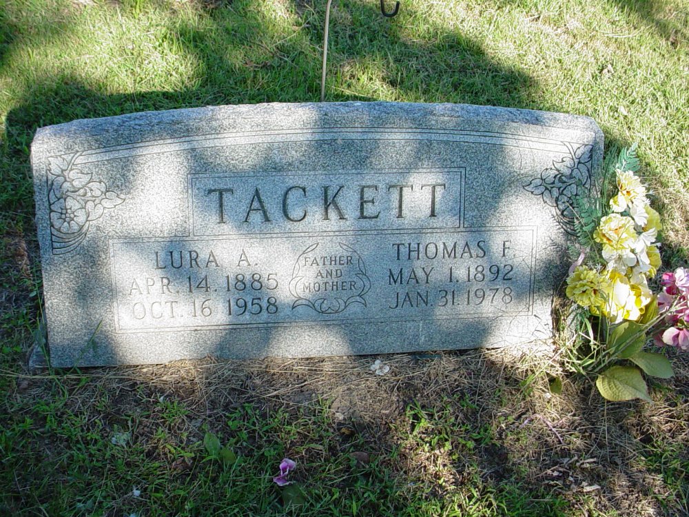  Thomas Tackett & Lura Anthony Headstone Photo, Boydsville Christian Church Cemetery, Callaway County genealogy