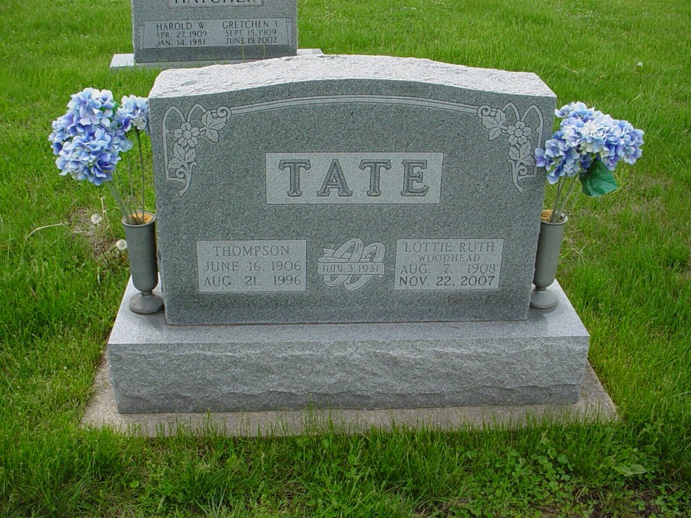  Thompson Tate & Lottie R. Woodhead Headstone Photo, Williamsburg Cemetery, Callaway County genealogy