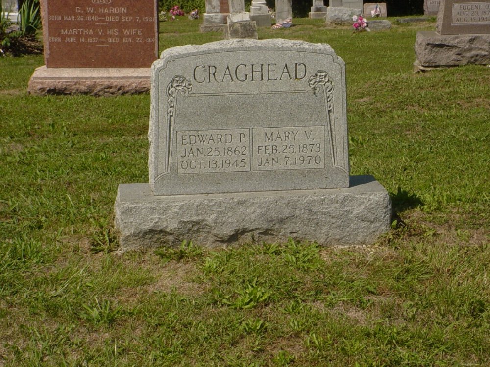  Edward P. Craghead and Mary V. Hardin Headstone Photo, Ebenezer Baptist Church Cemetery, Callaway County genealogy