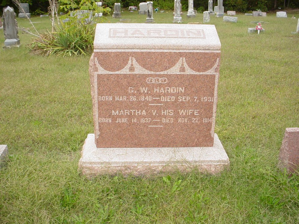  George W. Hardin & Martha V. Houchins Headstone Photo, Ebenezer Baptist Church Cemetery, Callaway County genealogy