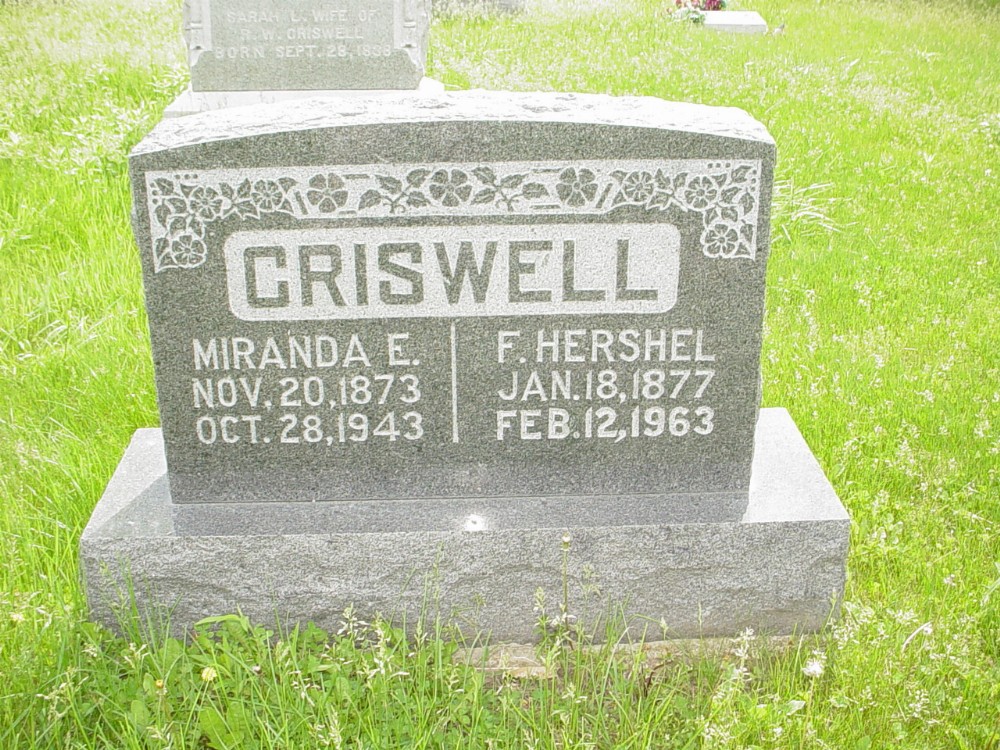  Felix Hershel Criswell & Miranda Wren Headstone Photo, Guthrie Cemetery, Callaway County genealogy