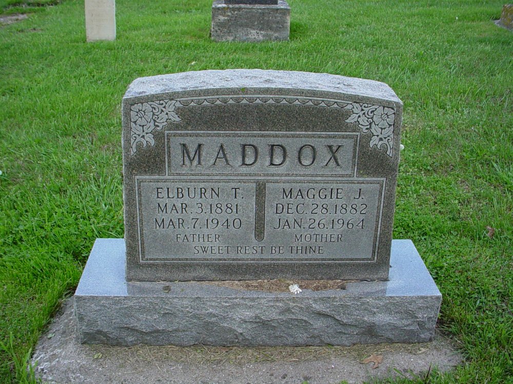  Elburn T. Maddox & Maggie J. Keeley Headstone Photo, Hams Prairie Christian Cemetery, Callaway County genealogy