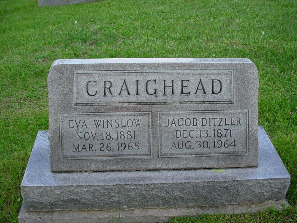  Jacob D. Craighead & Eva Winslow Headstone Photo, Hams Prairie Christian Cemetery, Callaway County genealogy