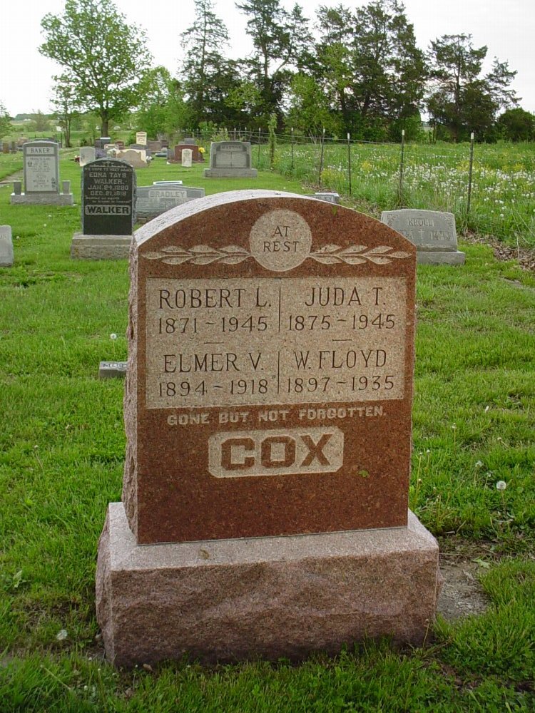  Robert L. Cox & Juda T. Fry Headstone Photo, Hams Prairie Christian Cemetery, Callaway County genealogy