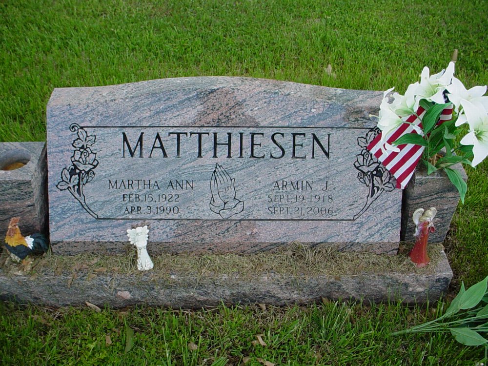  Armin J. & Martha A. Matthiesen Headstone Photo, Hams Prairie Christian Cemetery, Callaway County genealogy